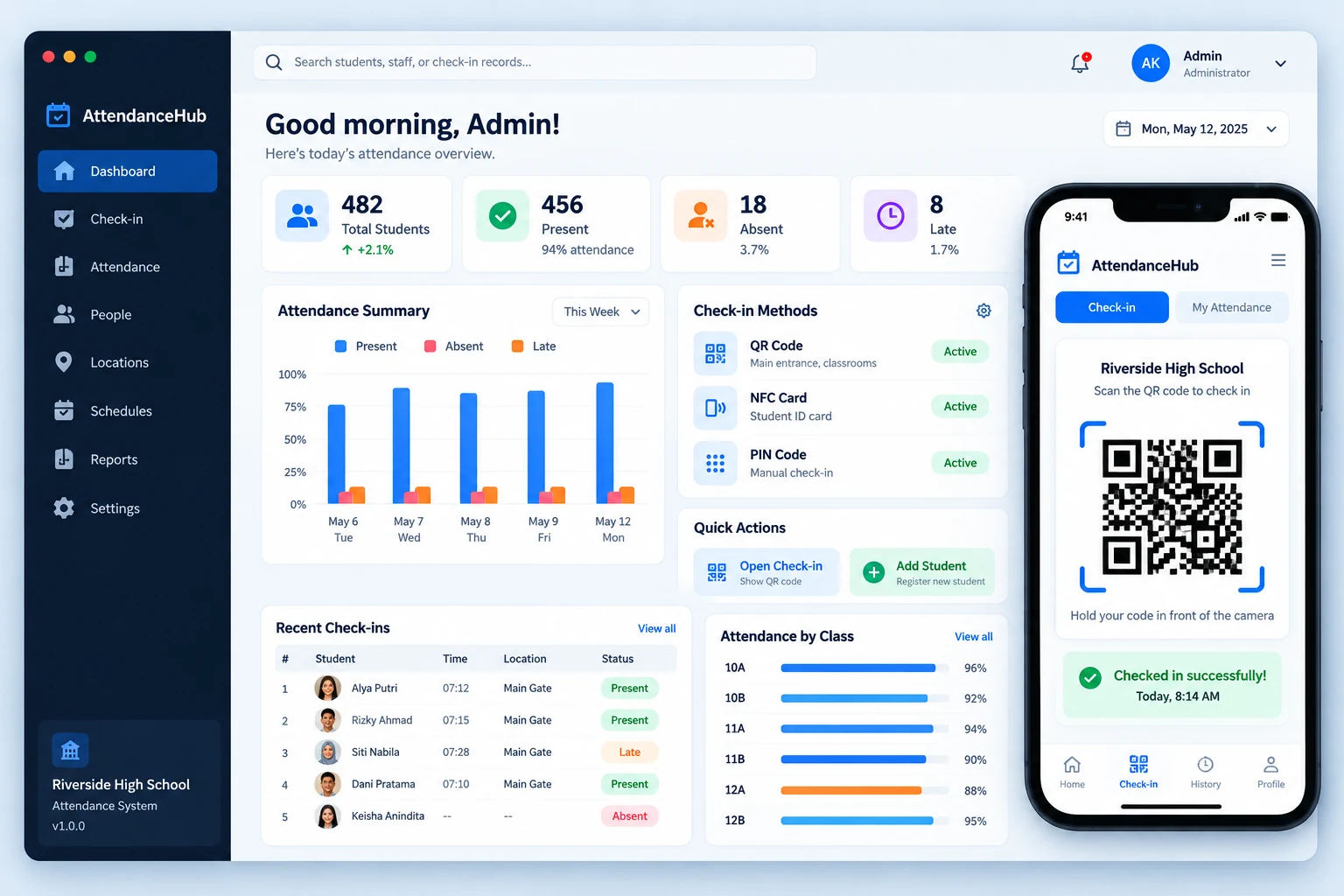 AttendanceHub attendance dashboard with student records and a prominent mobile check-in screen with a QR code.