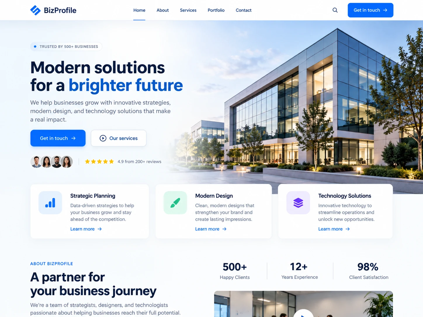 BizProfile business website showing the company hero, modern office building, and service highlights.