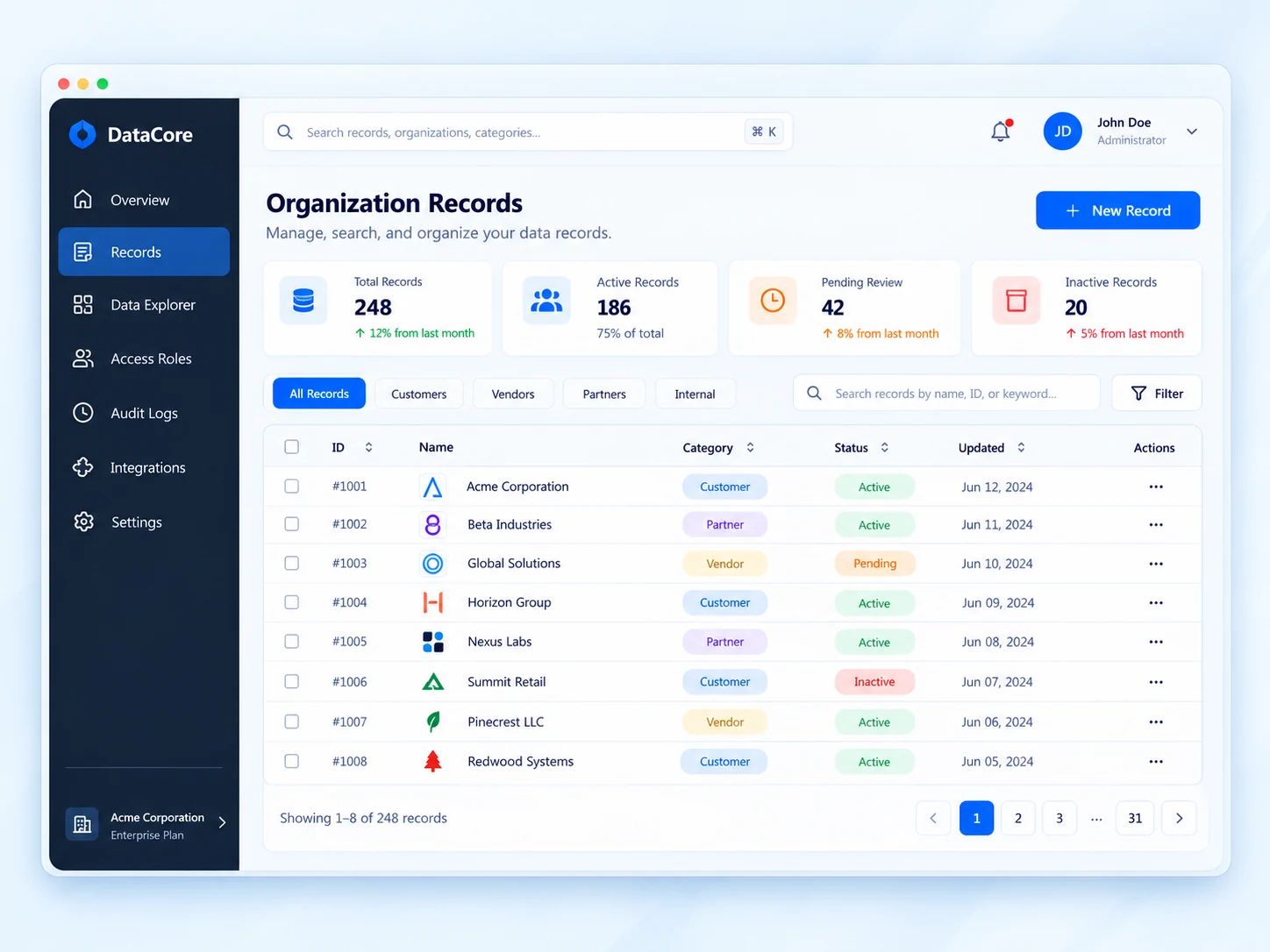 DataCore organization records dashboard with summary metrics, record filters, and a searchable data table.