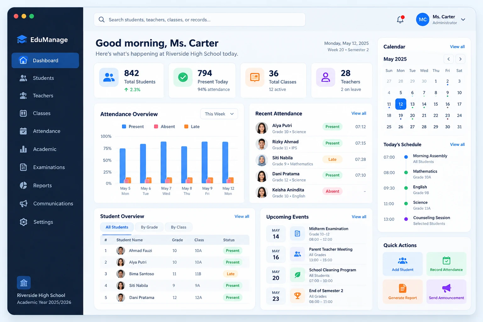 EduManage school dashboard showing student totals, attendance charts, recent records, a calendar, and class schedule.