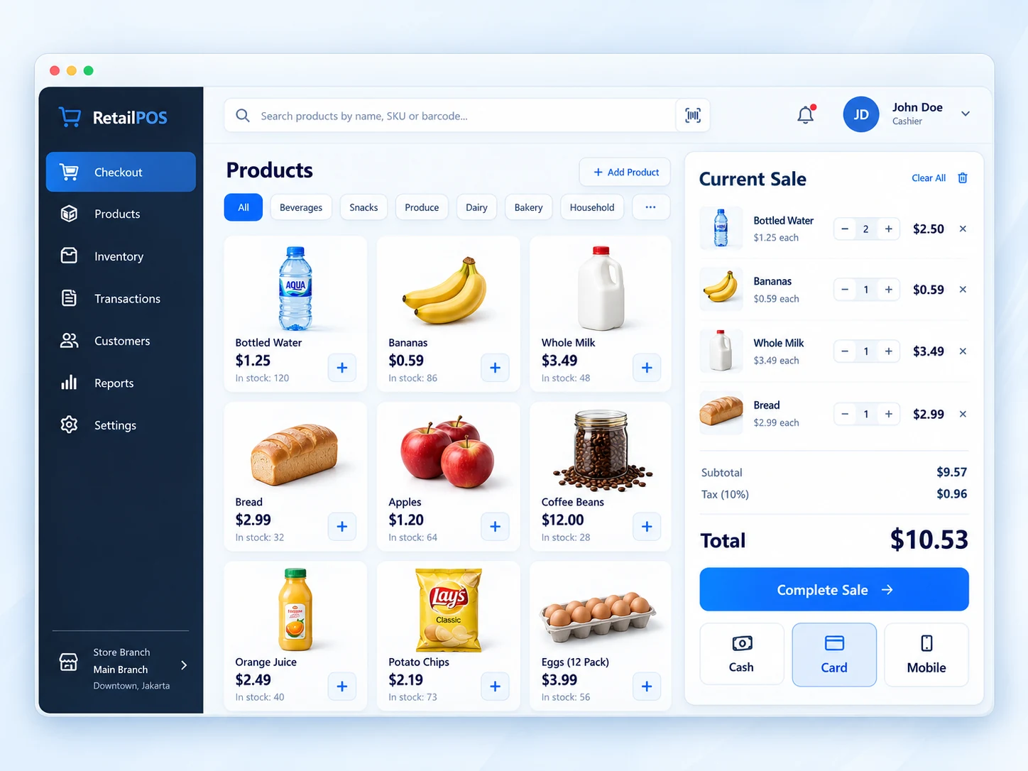 RetailPOS point-of-sale screen showing the product catalog and full checkout panel with items, totals, and payment options.